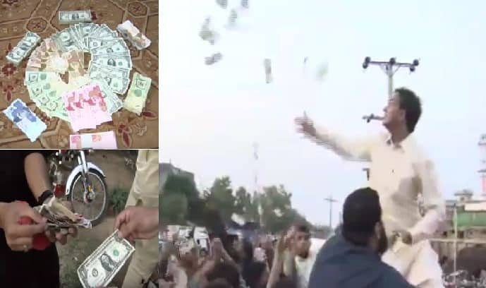 VIDEO: PTI leader showered with dollars, euros, riyals upon arrival in hometown