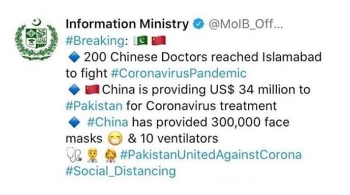 Coronavirus: Info Ministry shares fake news about Chinese help, then deletes tweet