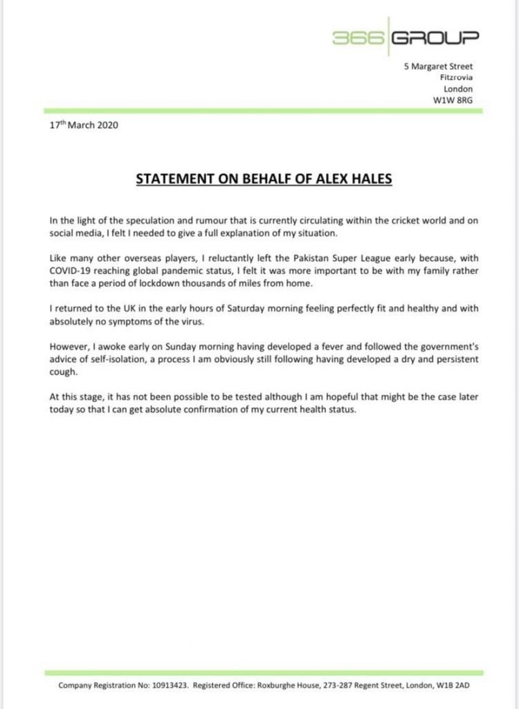 PSL Player Alex Hales clarifies reports that he has coronavirus