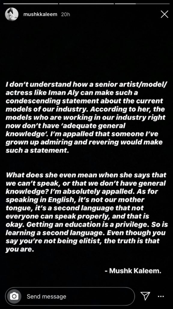 Mushk Kaleem calls out Iman Aly for her ‘condescending statement’ on current models