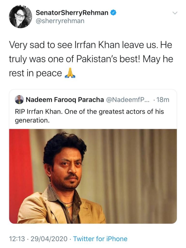 Sherry Rehman calls Irrfan Khan ‘one of Pakistan’s best’
