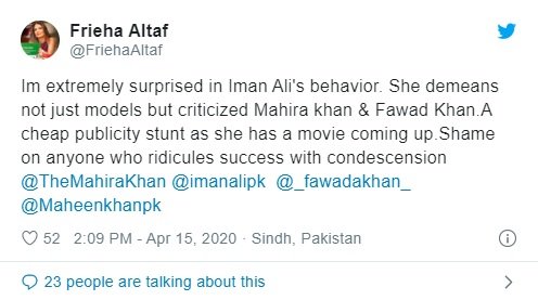 Iman Aly clarifies her remarks about Fawad Khan and Mahira Khan