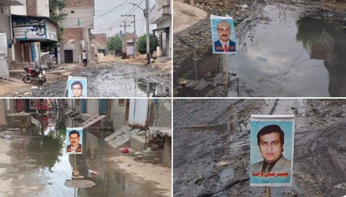 Citizens put pictures of elected members on gutters after sewerage system destroyed in Faisalabad
