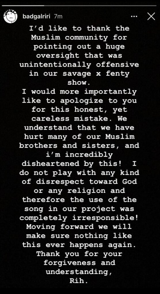 Rihanna apologises for including Islamic Hadith in fashion show