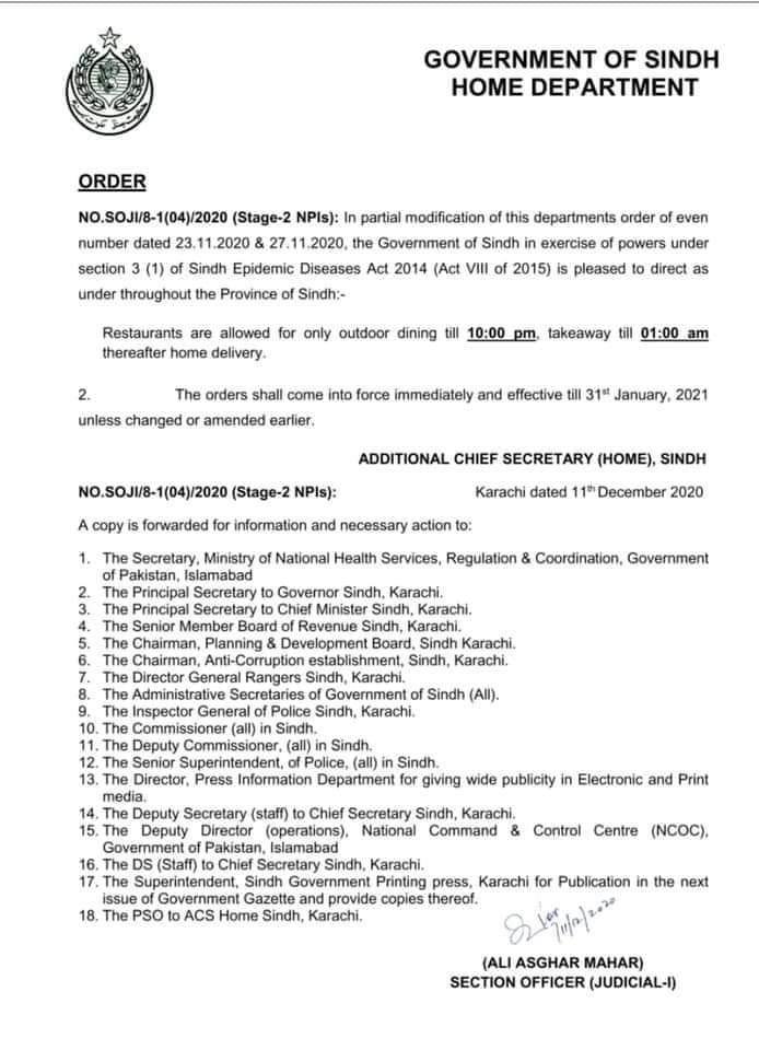 Sindh govt revises restaurant timings for outdoor dining, takeaways