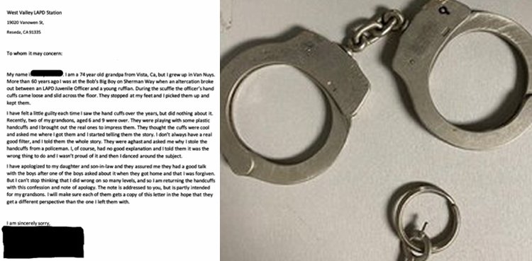 74-year-old man returns stolen handcuffs to police after 60 years