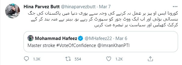 ‘It is better to play cricket with your mouth shut’: Hina Butt berates Hafeez for pro PM tweet