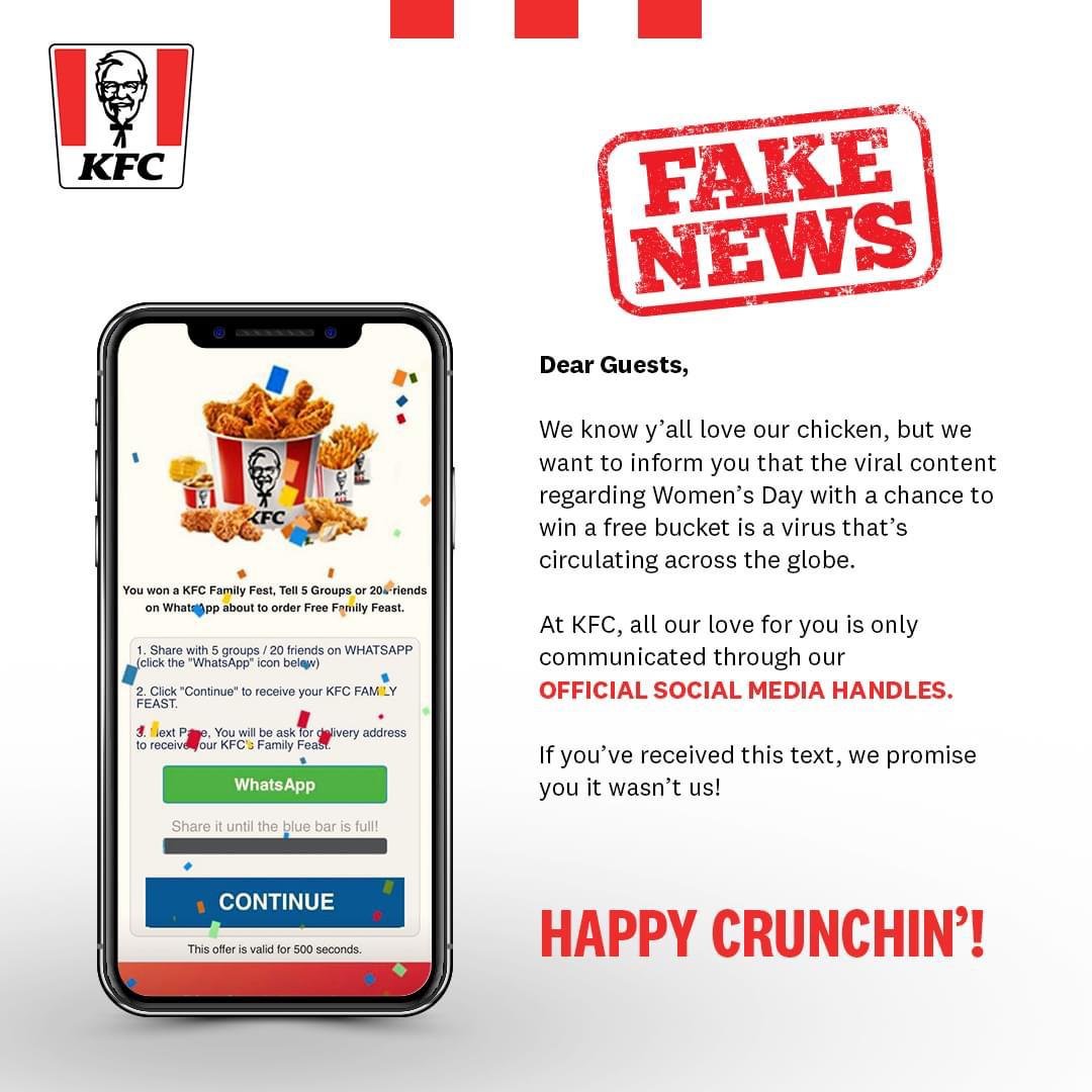 Don’t fall for KFC ‘free chicken bucket’ scam