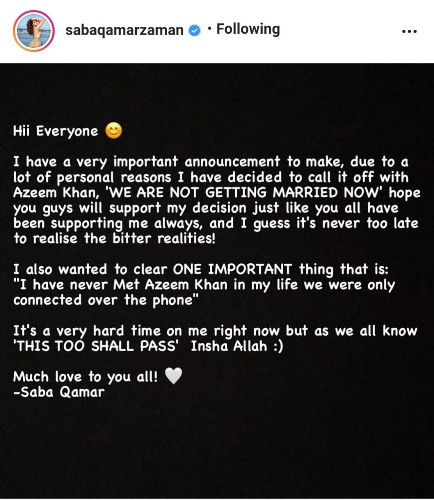 Saba Qamar ‘calls it off’ with Azeem Khan