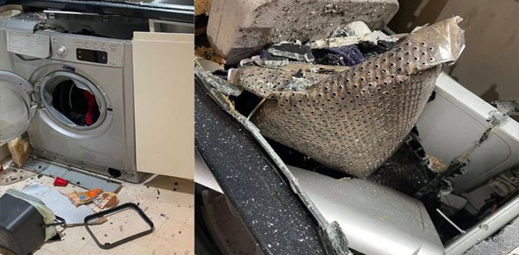Woman panics after washing machine explodes mid-cycle