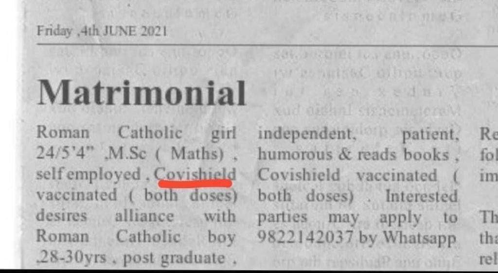 Woman seeks vaccinated groom in viral matrimonial ad