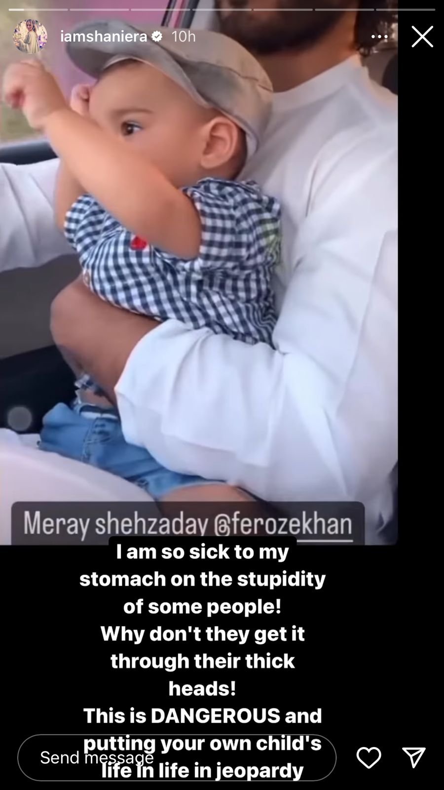 ‘So Sick’ Shaniera Akram calls out Feroze Khan for driving with his child in lap