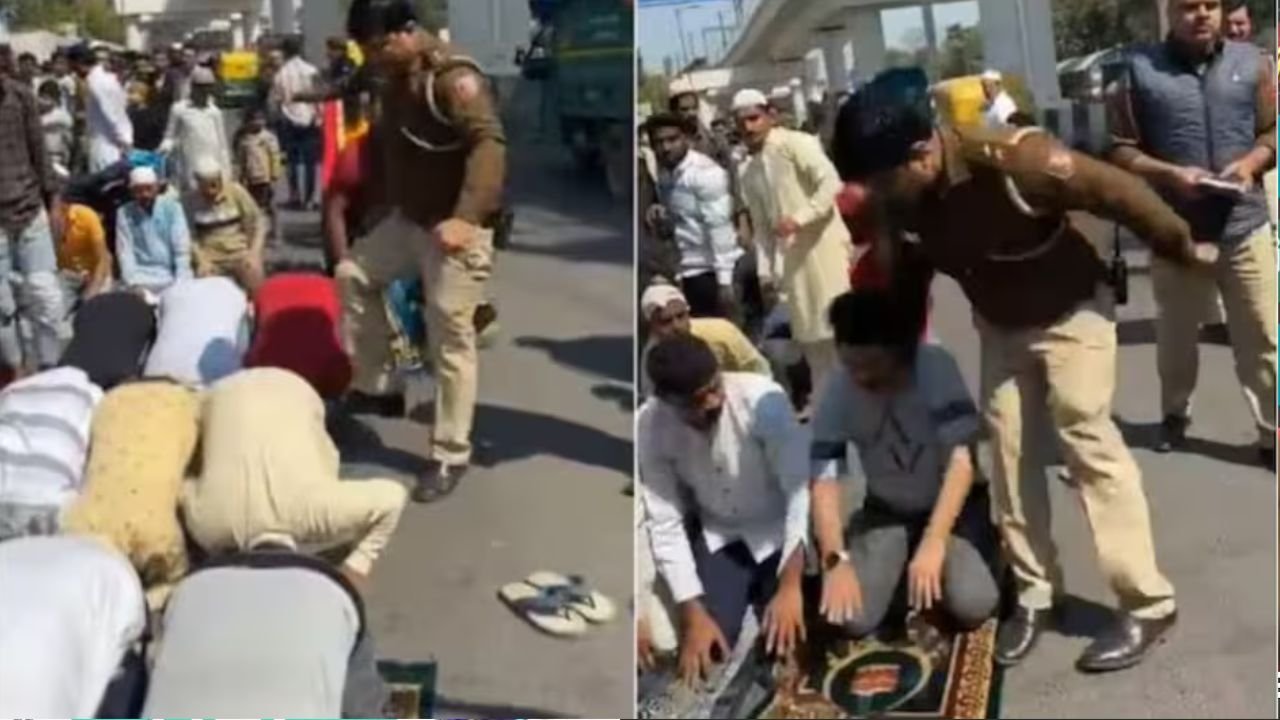 Indian policeman beats Muslim men offering jummah on Delhi roadside