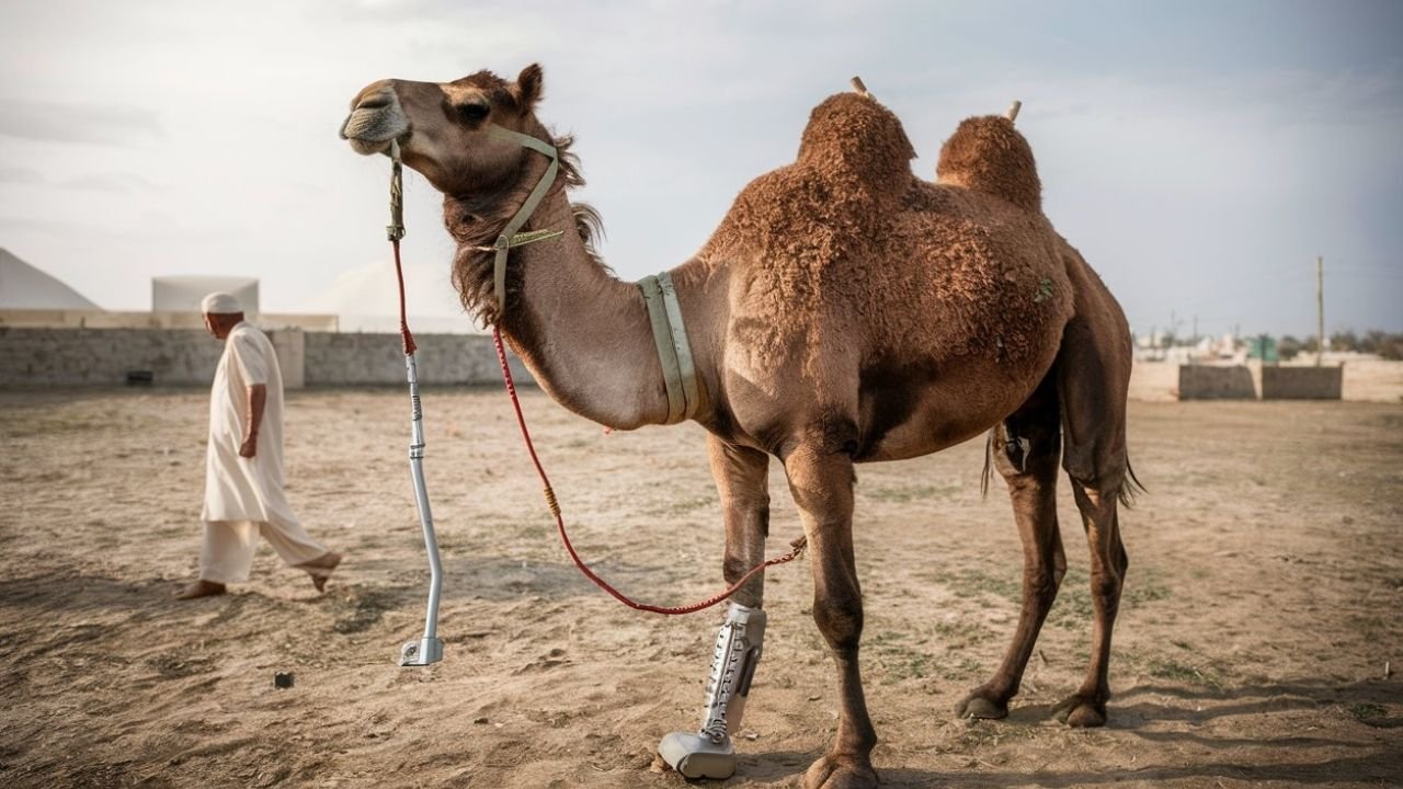 Camel whose leg was amputated by feudal stands up