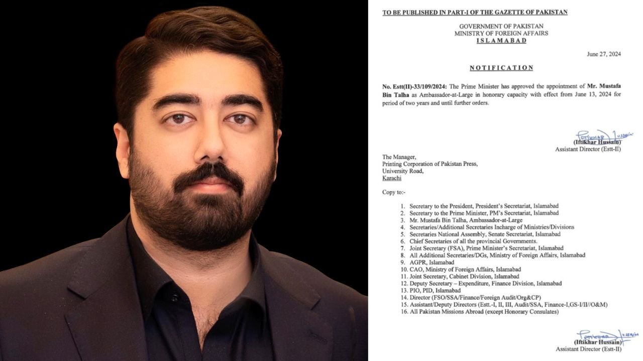 Prime Minister of Pakistan Shehbaz Sharif Honorary Appoints Muhammad Mustafa Bin Talha as Ambassador-at-Large